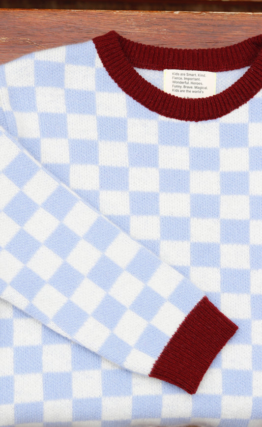 Funny squares knitted sweater in Blueberries and Raspberries